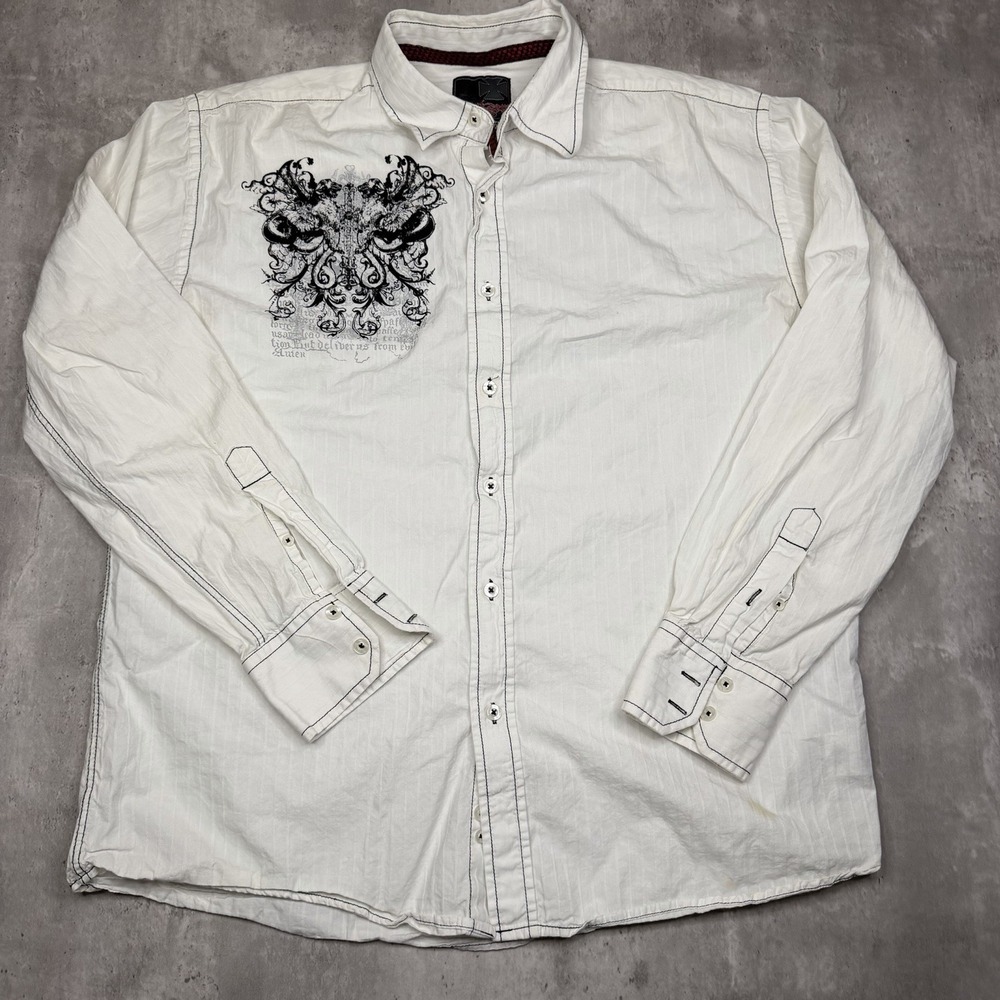 Y2K Point Zero Button Up Shirt Mens Large Gothic Graphic Biker Tribal Cyber VTG